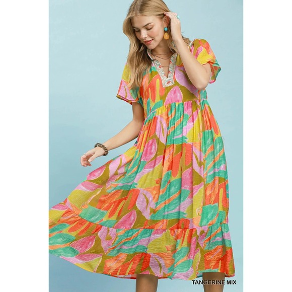 Umgee Dresses & Skirts - Umgee Abstract Tropical Print Tiered Midi Dress - Tangerine Mix - Large